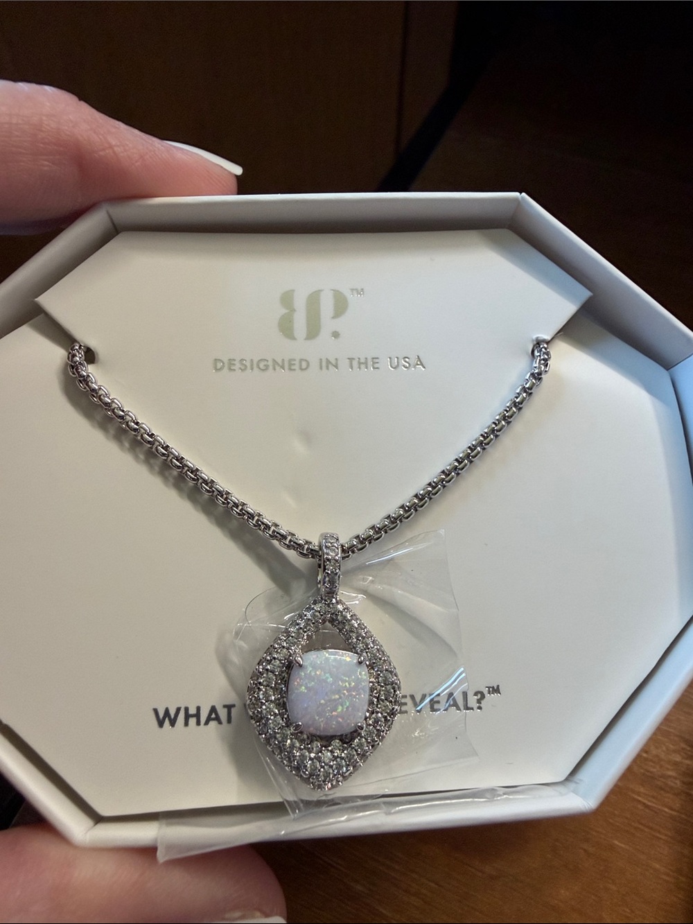 BP White Opal Halo Pendant Necklace in Silver